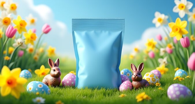 Blank Light Blue Stand-up Pouch Mockup with Easter Eggs and Chocolate Bunnies in Spring Grass