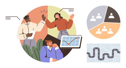 Diverse team collaborating, celebrating success, analyzing data on a tablet pie chart and road map symbols. Ideal for teamwork, strategy, planning, growth, leadership, organization simple flat