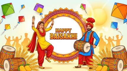 Happy baisakhi festival features two figures in traditional attire with a musical instrument and colorful kites in the bright scene