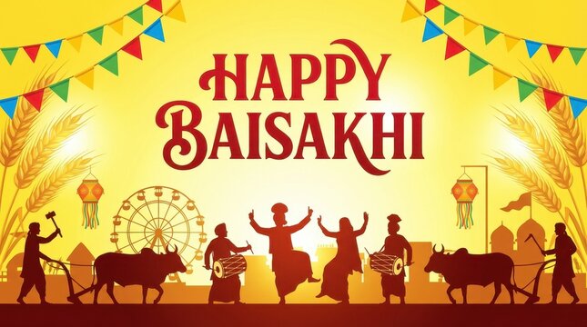 Happy baisakhi festival silhouette of people dancing with confetti falling and decorative garlands against a yellow background