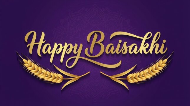 Happy baisakhi festival golden text art with wheat stalks on a purple backdrop celebrating the harvest season and prosperity
