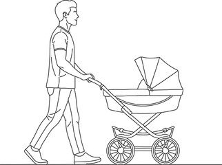 Proud father walking with a baby stroller during an outdoor family outing