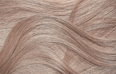Naklejka premium Blond hair close-up as a background. Women's long light brown hair. Beautifully styled wavy shiny curls. Hair coloring. Hairdressing procedures, extension.