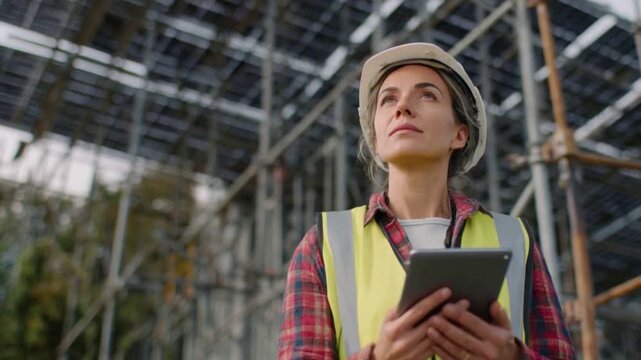 Architectural Visionary: A dedicated construction professional, clad in safety gear, gazes upwards with a digital tablet in hand, her gaze mirroring the ambitious spirit of the project. 