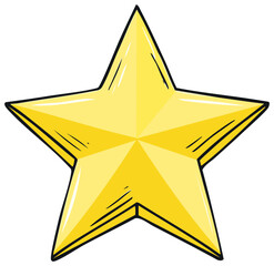 Shiny yellow five pointed star with hand drawn outline and realistic shading