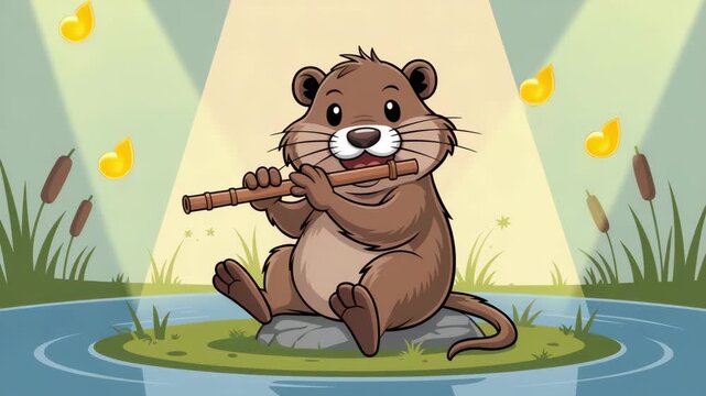Musical nutrea playing flute under spotlight in peaceful pond