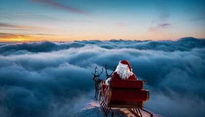 Christmas - Santa Claus in his sleigh pulled by his reindeer, crossing dense clouds at dawn. The soft light of the rising sun creates delicate gradients of blue, pink, and gold in the sky