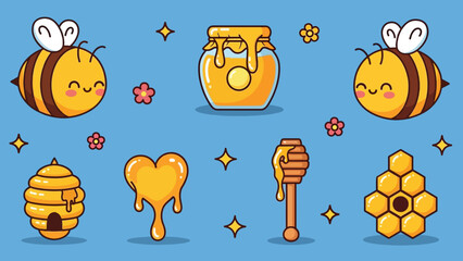 Cute Cartoon Bees and Honey Elements Set with Jar Hive Dipper and Comb.