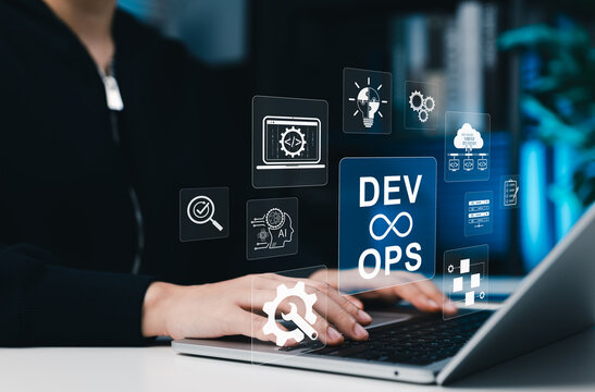Concept of DevOps and AI driven software development operations. Working with DevOps icons, automation tools, cloud systems, testing, continuous integration representing agile workflow and engineering