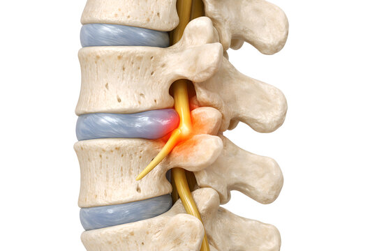 Photorealistic 3D medical illustration of herniated disc with nerve compression, sagittal view of lumbar spine showing bulging intervertebral disc pressing on adjacent spinal nerve root