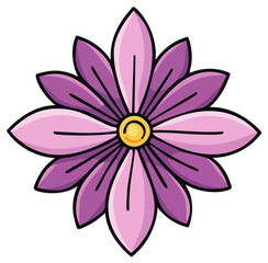 Vibrant eight petal flower blossom in shades of purple with yellow center, cartoon style