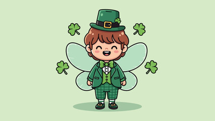 Cute cartoon leprechaun fairy character with green hat suit wings and shamrocks.