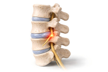 Photorealistic 3D medical illustration of herniated disc with nerve compression, sagittal view of lumbar spine showing bulging intervertebral disc pressing on adjacent spinal nerve root