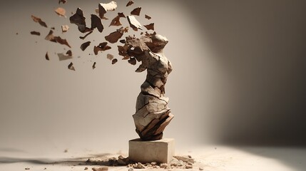 cracked clay figure standing tall while fragments float upward as light, symbolizing renewal through pain, artistic realism, 