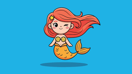 Cute cartoon mermaid with red hair winking wearing a seashell bra and golden fish tail.