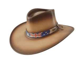 Australian outback Dandi's kangaroo leather hat with national flag, isolated on transparent background