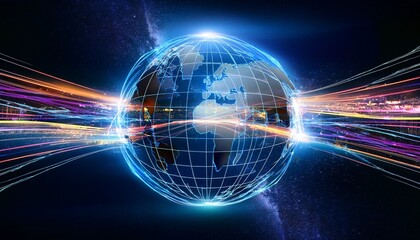 global data streams connecting continents with vibrant light trails on a dark background