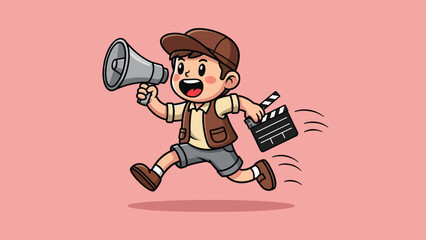 Happy Cartoon Boy Running with Megaphone and Film Clapperboard.