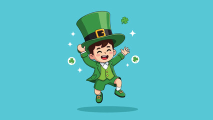 Happy cartoon leprechaun boy jumping in green suit and top hat celebrating St Patricks Day.