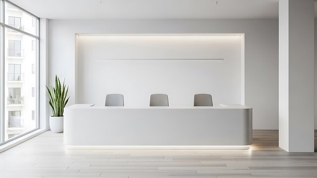 Modern Reception Desk with Chairs in Minimalist Office Lobby, Natural Light, Interior Design, Clean Workspace, Front View