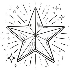 Obraz premium Hand drawn doodle of a shining star with a radiating burst effect. Black and white line art illustration.