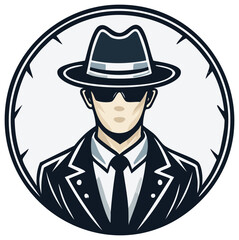 Mysterious Man in Suit, Hat, and Sunglasses Symbol | Secret Agent, Detective, or Bodyguard Logo