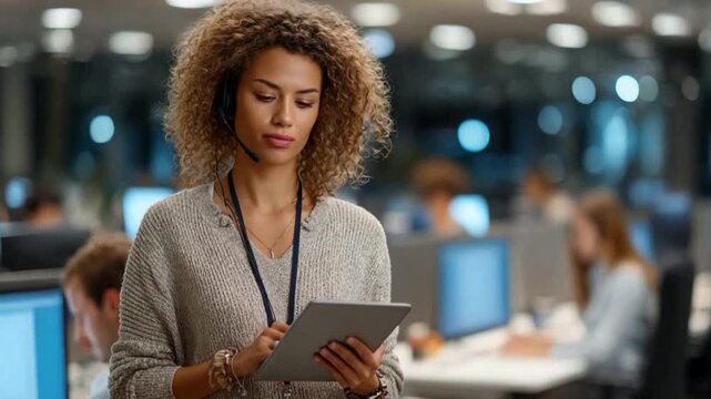Focused Professional: A concentrated individual in a modern office, engrossed in a tablet, embodying productivity and determination.