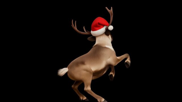 Animated reindeer dancing in seamless loop. Holiday character wearing Santa hat on black background.
