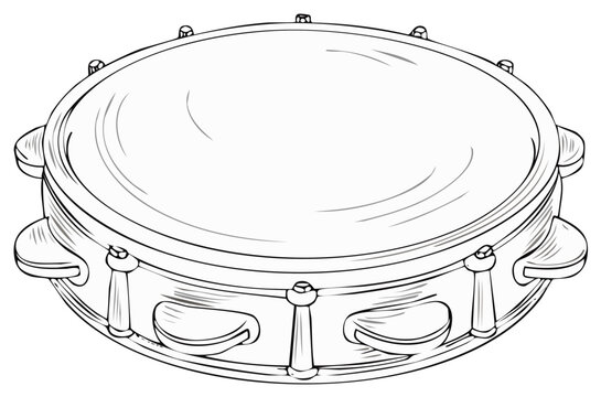 Hand drawn illustration of a classic tambourine musical instrument in black and white line art
