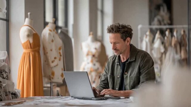 Creative Tailor's Workspace: A focused individual engrossed in his craft, meticulously designing on a modern laptop amidst a studio. The surroundings showcase a spectrum of fabrics and attire