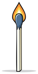 Cartoon illustration of a lit matchstick with a blue head and orange flame