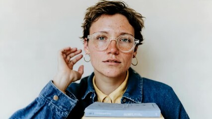 Young woman adjusts glasses and holds stack of books in classroom showing thoughtful student mood and modern academic lifestyle