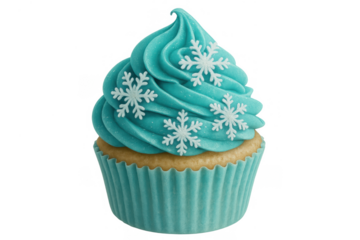 Cupcake with teal frosting and sugar snowflakes illustrating winter holidays and sweet festive treats