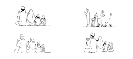 minimal muslim family and prayer activities line art set simple islamic illustration in black on white for education culture and religious design