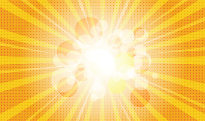 Bright Orange Radial Burst Background with Glowing Bokeh and Halftone Dots Comic Style, comic background.