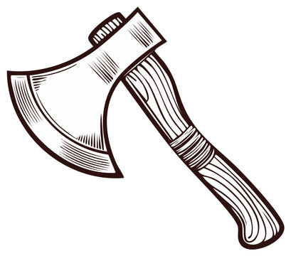 Hand-drawn axe illustration. Isolated tool with wooden handle in graphic style