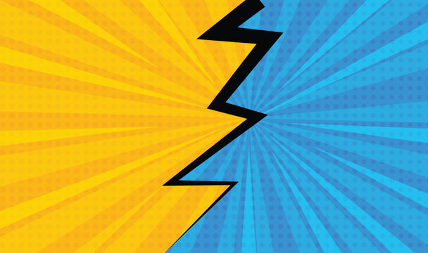Bold Yellow and Blue Comic Book Clash Background with Zigzag Lightning Bolt and Radial Burst, comic background