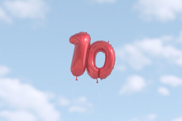 a composition of balloons, a number 10 made of foil balloons with a bunch of helium balloons against a cloudy sky
