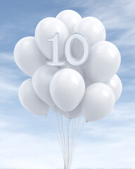 a composition of balloons, a number 10 made of foil balloons with a bunch of helium balloons against a cloudy sky
