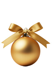 single luxurious matte gold christmas bauble with detailed silk bow, isolated on transparent background with copy space and soft diffused lighting, concept of sophisticated festive luxury