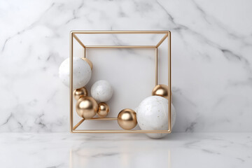 Luxury Abstract 3D Composition with Gold Frame and Marble Spheres on White Background