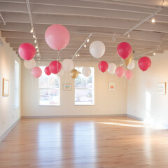 Minimalist Art Installation with Hanging Spheres in Bright Gallery Interior