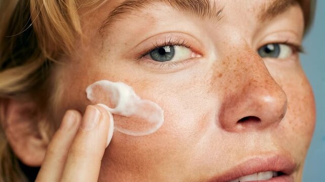 Woman with freckles gently applies cream near eye under soft light emphasizing natural skincare routine and delicate beauty