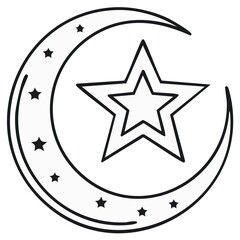 Obraz premium Crescent moon and star icon, an Islamic symbol in a black and white line art vector style