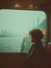 Capturing moments on a train journey, a traveler gazes through the foggy window