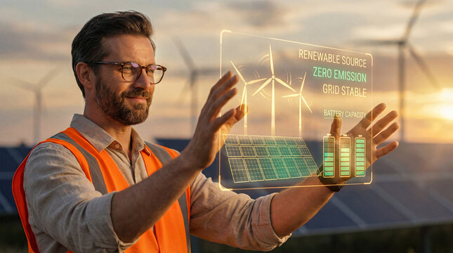 An engineer using futuristic technology to manage sustainable smart renewable solar and wind power energy - Powered by Adobe
