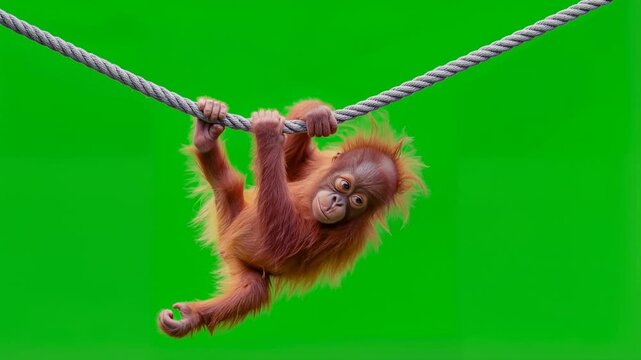 Orangutan climbing and swinging on thick ropes. Infant ape gripping rope while suspended against green screen. Seamless loop
