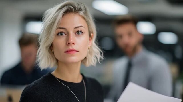 Professional woman's focus: A focused professional woman embodies confidence, directness, holding documents within a modern office environment, symbolizing professional competence.