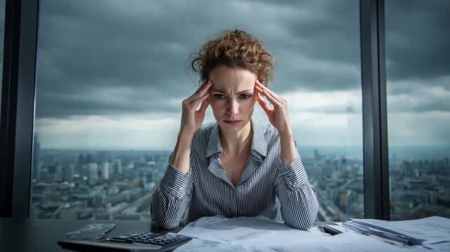 Reflection of Overwhelmed: Capturing a pensive moment, a woman grapples with stress, surrounded by city, embodying the pressures of modern life, with her hands to her temples.
