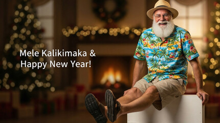 Funny Santa Claus wearing Hawaiian shirt and shorts sitting in decorated room, Mele Kalikimaka concept